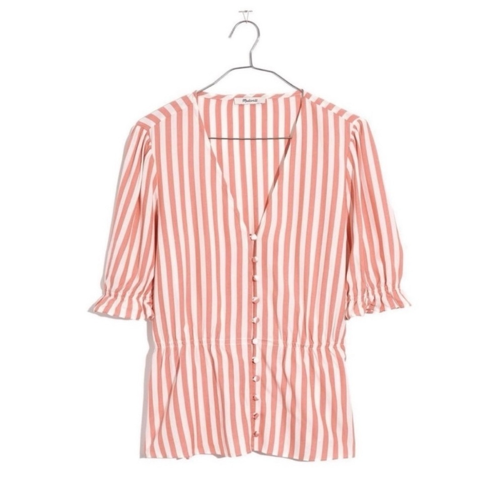New! MADEWELL • V-Neck Peplum Popover Top in Stripe • Small